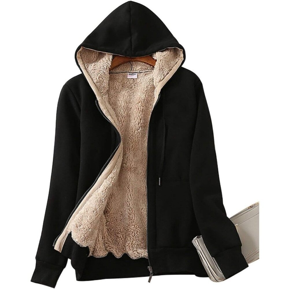 Women's Black Casual Full Zip Sherpa Lined Hoodie Sweatshirt Jacket Coat
